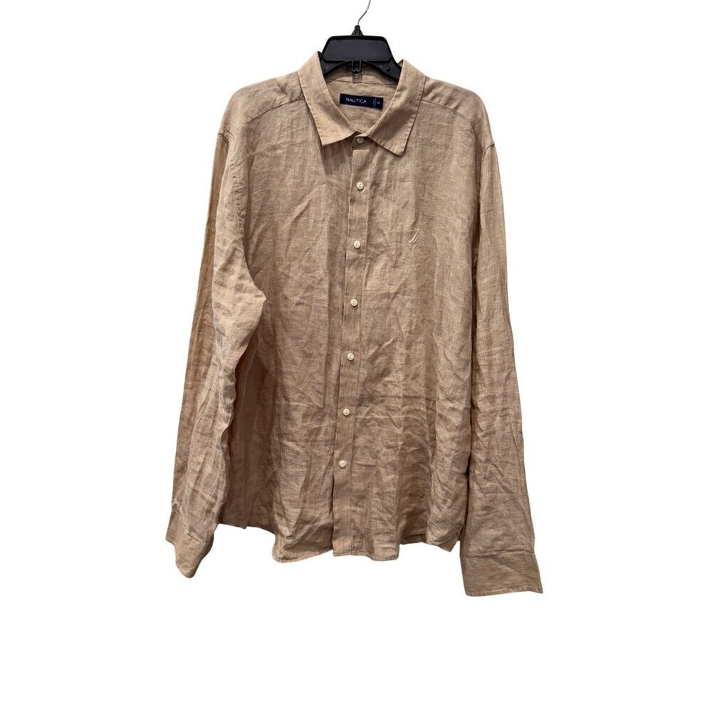Nautica Men's Size XXL Beige 100% Linen Button-Up Shirt Long Sleeve